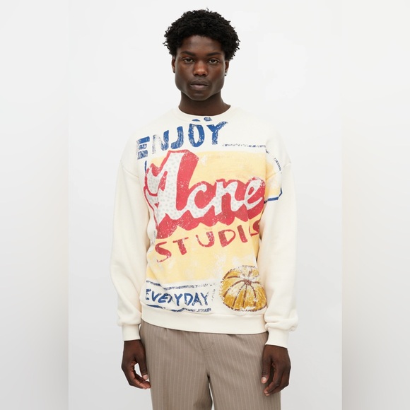 Acne Studios Everyday Cream Graphic Oversized Crewneck Sweatshirt Unisex size XS - Picture 2 of 3